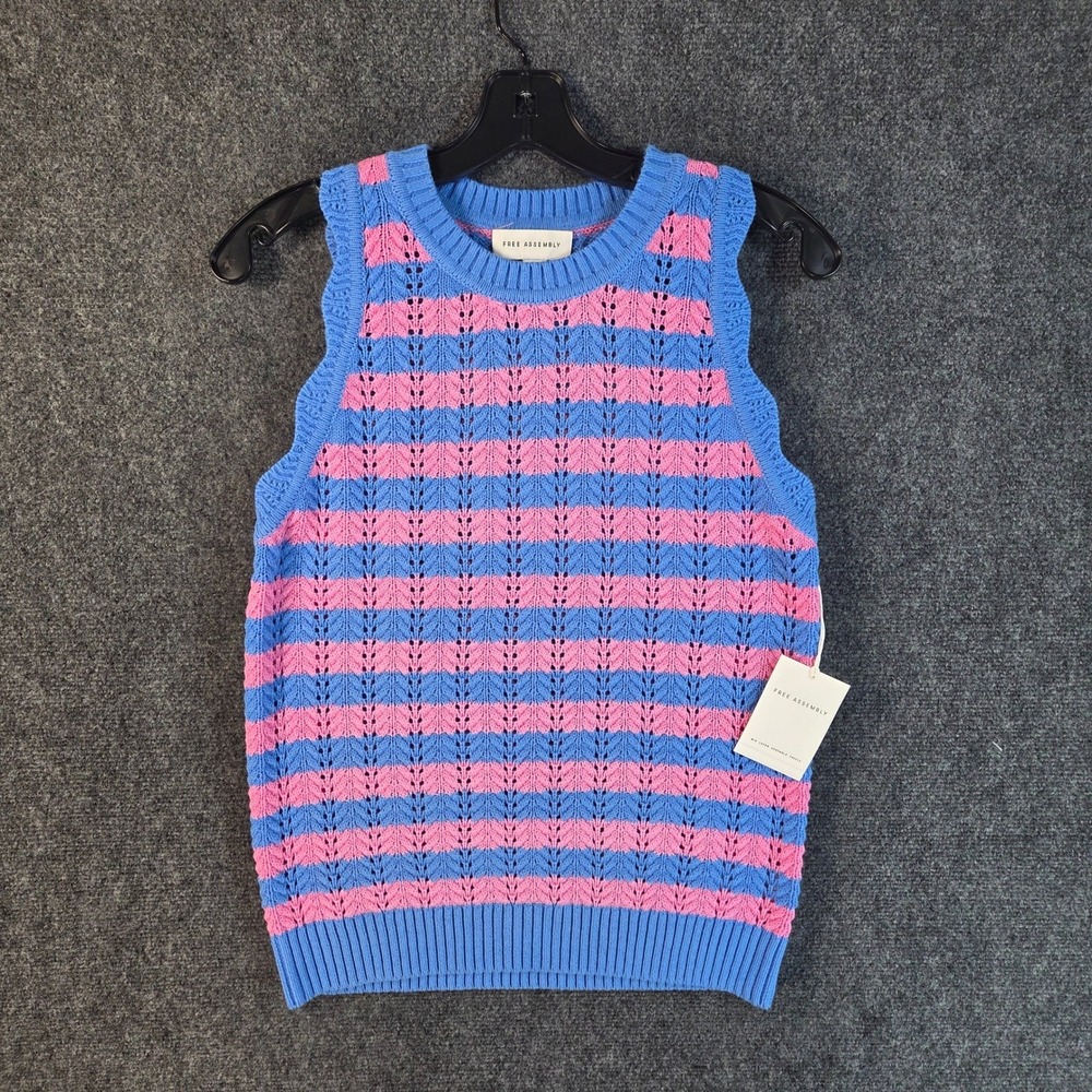 Free Assembly Pointelle Stripe Sweater Vest Womens Small Blue Pink Cotton NEW